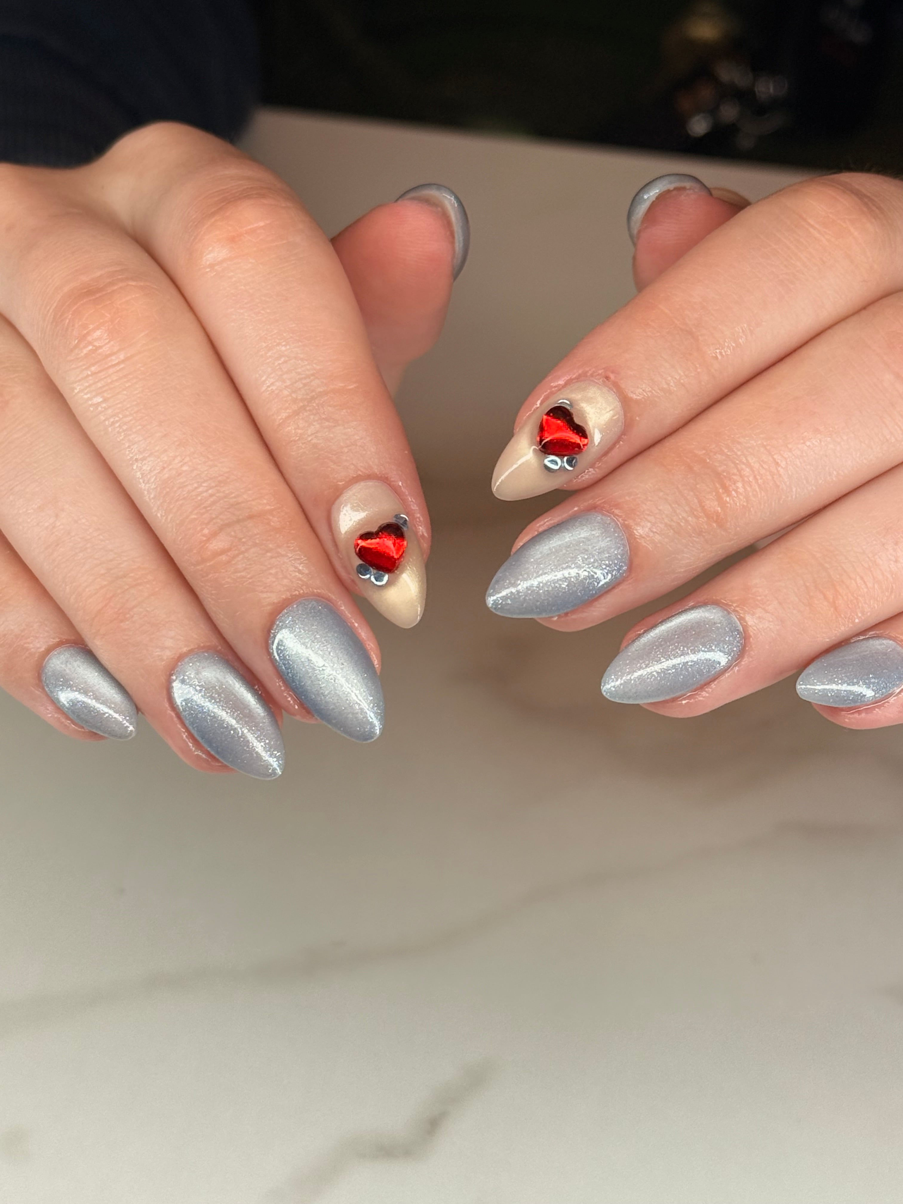 silver nails almond shape with heart
